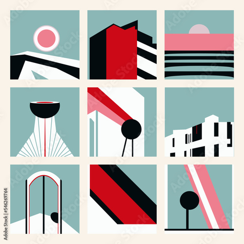 A series of pictures similar in meaning and colors, in the form of abstract shapes