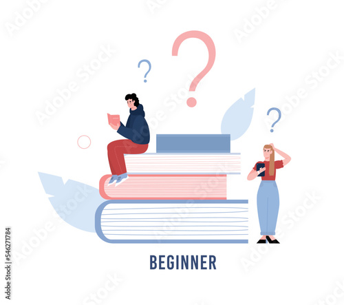 Beginner skill level with frustrated people on books - flat vector illustration isolated on white background.