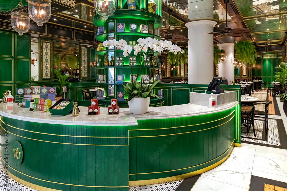 Southeast Asia, Singapore, November, 2022 Chic interior of a tea cafe