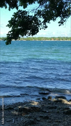 Panning, vertical shot of a beautiful beach in a tropical island on a bright windy day, Philippines