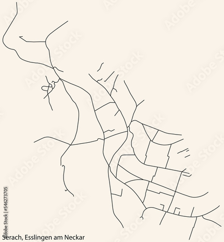 Detailed navigation black lines urban street roads map of the SERACH MUNICIPALITY of the German regional capital city of Esslingen, Germany on vintage beige background