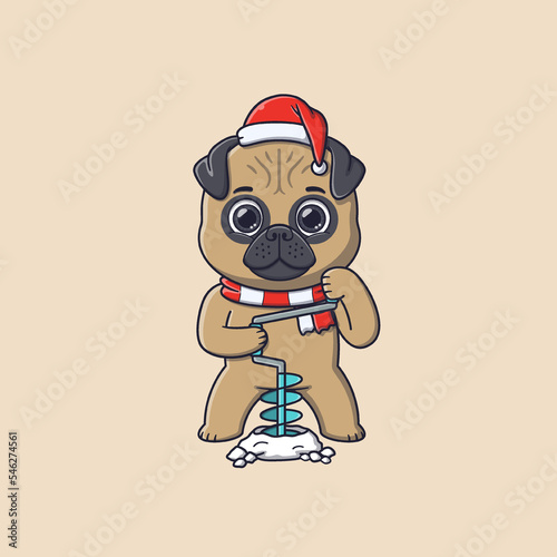 cute pug dog drilling a hole with ice auger on a frozen lake
