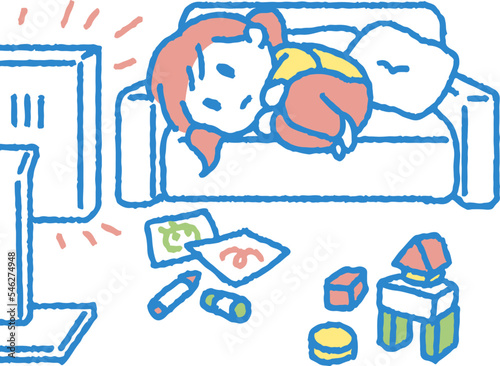 だらだらとテレビを観る女の子のイラスト