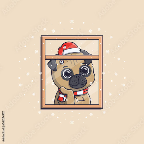 cute pug dog looking at the snowfall from the window