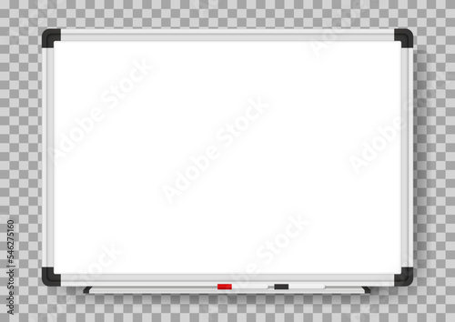 Empty white marker board on transparent background. Realistic office Whiteboard. Vector illustration