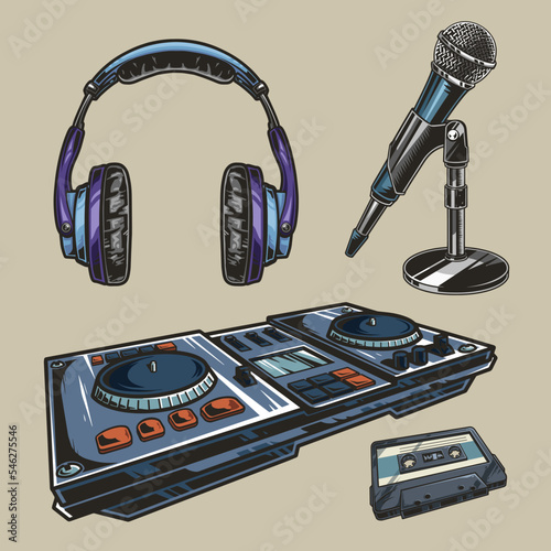 Music equipment set vintage colorful