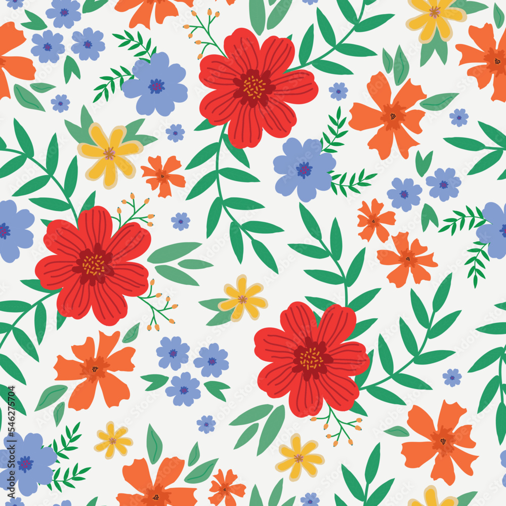 Cute floral pattern. Seamless vector texture. An bright  template for fashionable prints. Print with red and blue flowers,green leaves. white  background.