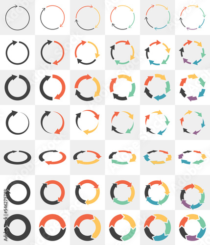 Circle with arrows. Collection of colored templates for infographics of cyclic stages. Vector circular elements with different number of arrows, shape and thickness.