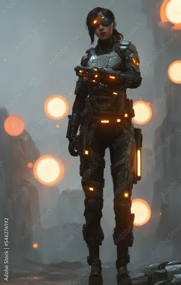 beautiful women in futuristic battles suit,