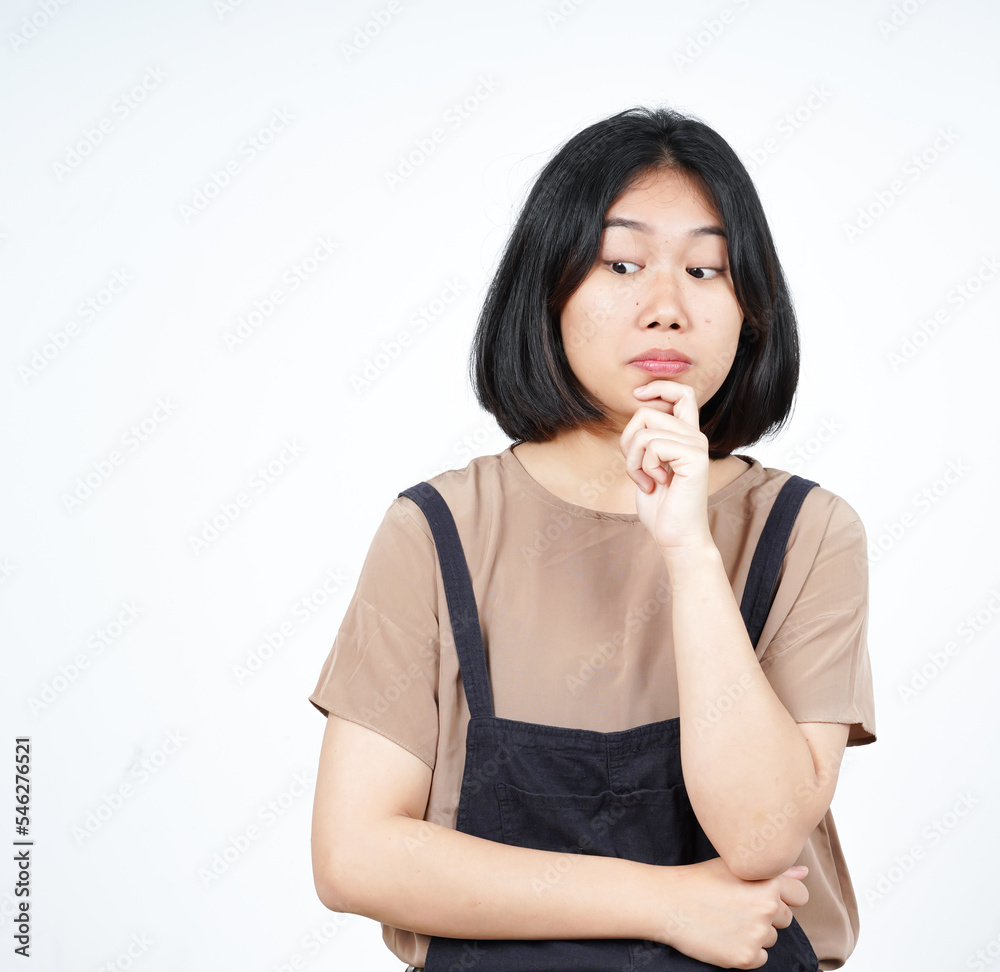 Looking down and thinking gesture Of Beautiful Asian Woman Isolated On White Background Looking down and thinking gesture Of Beautiful Asian Woman Isolated On White Background