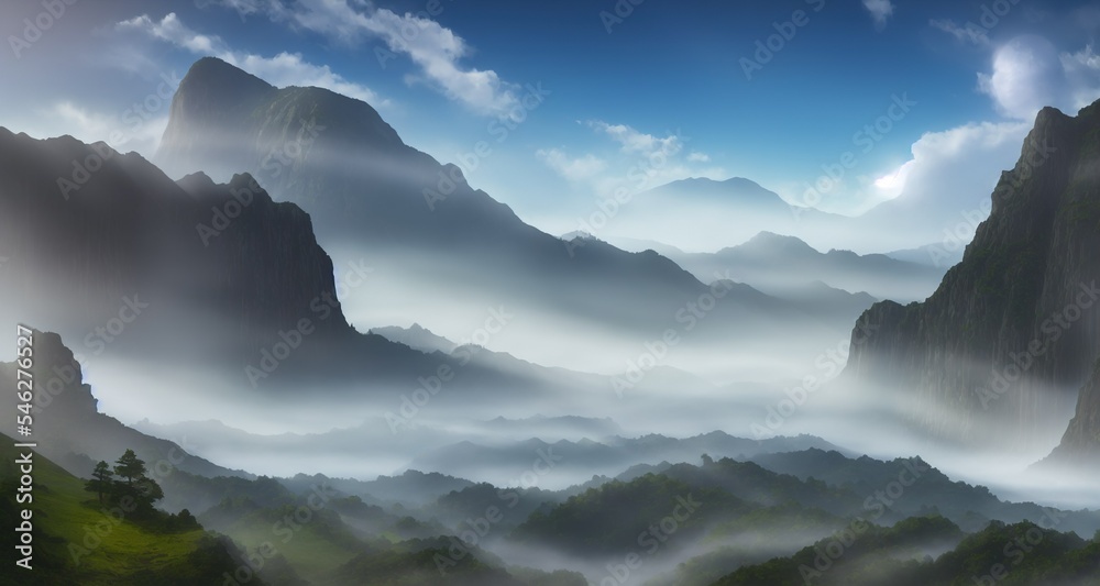 a beautiful scenery of foggy mountains waterfall sunray 