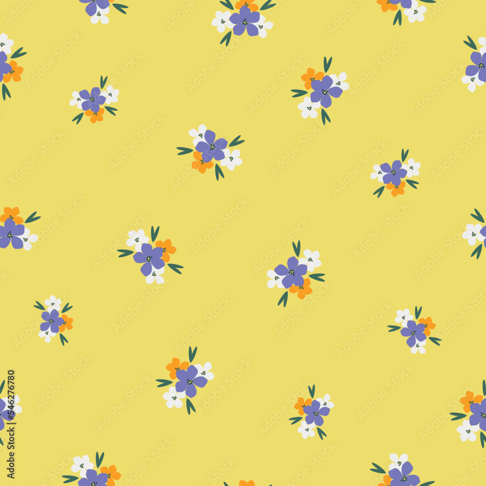 Cute floral pattern. Seamless vector texture. An elegant template for fashionable prints. Print with colored flowers, green leaves. yellow background. Cute floral pattern. Seamless vector texture. An elegant template for fashionable prints. Print with colored flowers, green leaves. yellow background.