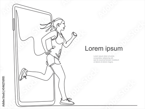 Single one line drawing woman runner out of smartphone screen. Online run game mobile app. Continuous line draw design graphic