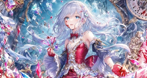 portrait of a silver haired woman surrounded by ice crystals and blood