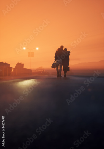 Man and woman with shopping bags walk embraced on a foggy road with a street lamp at sunset. Rear view. 3D render.