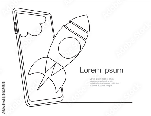 Continuous one line drawing of Rocket launch, ship on screen smart phone. Continuous line drawing. Startup business. Vector illustration. Isolated on white background.
