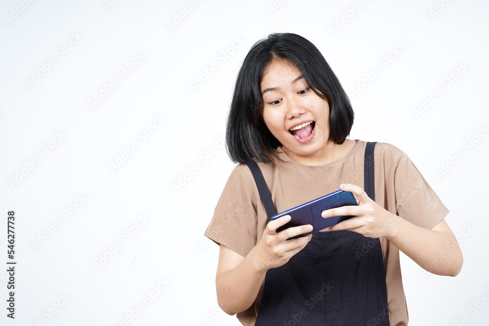 Playing Mobile Game on Smartphone Of Beautiful Asian Woman Isolated On White Background Playing Mobile Game on Smartphone Of Beautiful Asian Woman Isolated On White Background