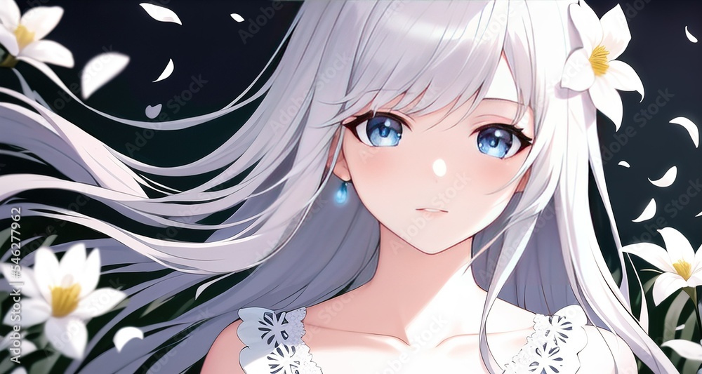 portrait of a beautiful girl with white hair and white clothing surrounded  by flowers anime style Stock Illustration  Adobe Stock