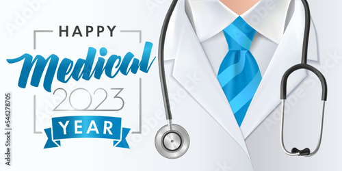 Happy Medical year 2023 with uniform background. Healthcare creative flyer design concept for medicine, or treatment of illness. Vector illustration