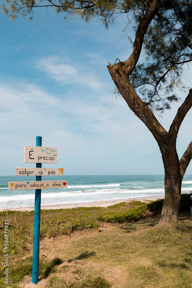 São Francisco do Sul, Santa Catarina, Brasil: placa de madeira com frase na praia brava