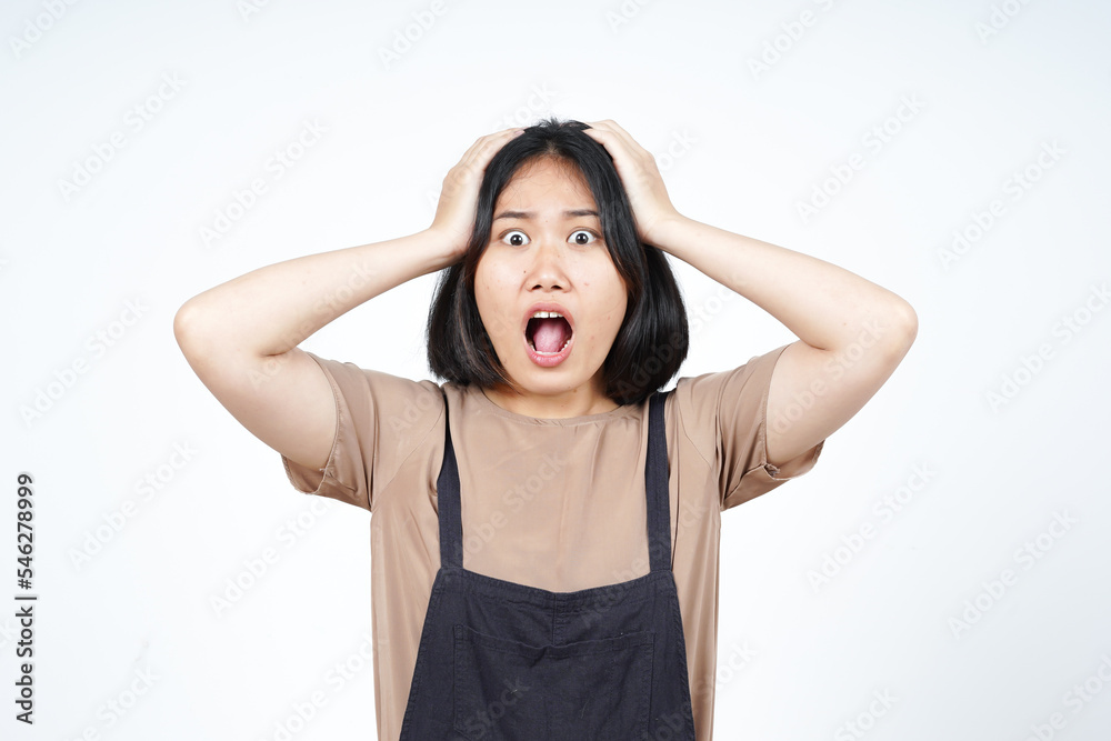 Hands on head with Shock Face Expression Of Beautiful Asian Woman Isolated On White Background Hands on head with Shock Face Expression Of Beautiful Asian Woman Isolated On White Background