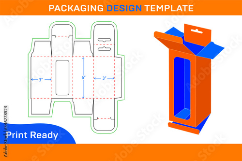 Hanging window 3x3x6 inch mobile charger box dieline packaging design and 3D box