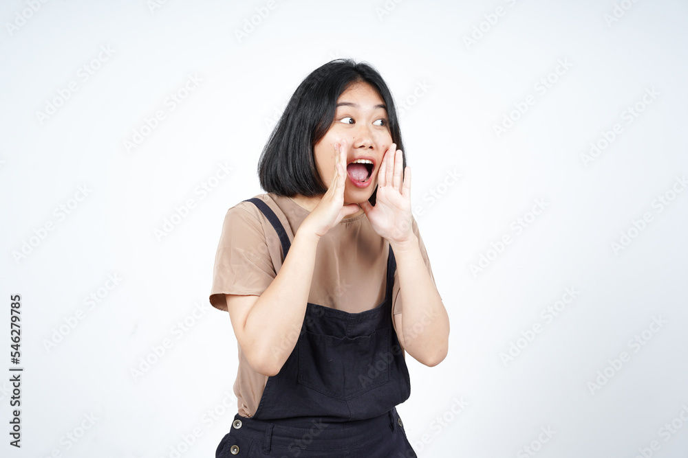 Announcement with hands over mouth Of Beautiful Asian Woman Isolated On White Background Announcement with hands over mouth Of Beautiful Asian Woman Isolated On White Background