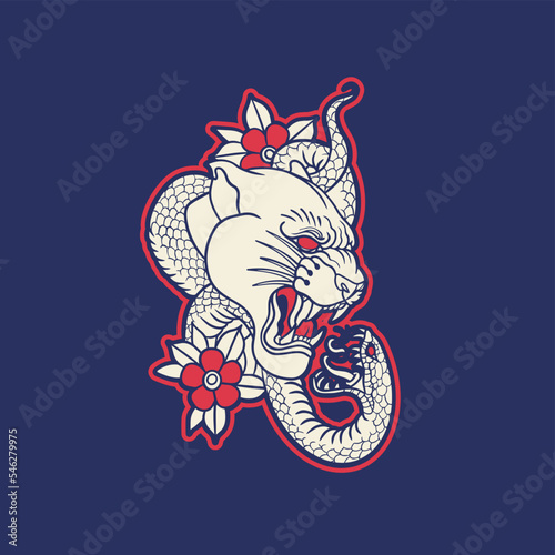 fight between tiger and snake. Angry reptile coiled the big cat. Graphic style vector illustration. Tattoo
