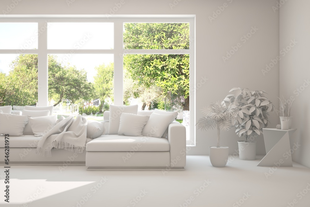 Mock up of stylish room in white color with sofa and green landscape in window. Scandinavian interior design. 3D illustration Mock up of stylish room in white color with sofa and green landscape in window. Scandinavian interior design. 3D illustration