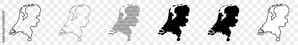 Netherlands Map Black | Dutch Border | State Country | Transparent Isolated | Variations