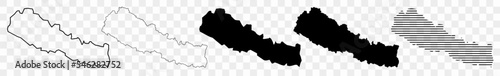 Nepal Map Black | Nepali Nepalese Border | State Country | Transparent Isolated | Variations