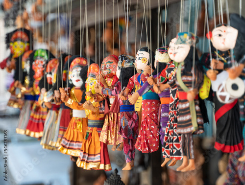 Traditional nepalese puppets on strings for sale in a souvenir shop in the Thamel area of Kathmandu city, Nepal
