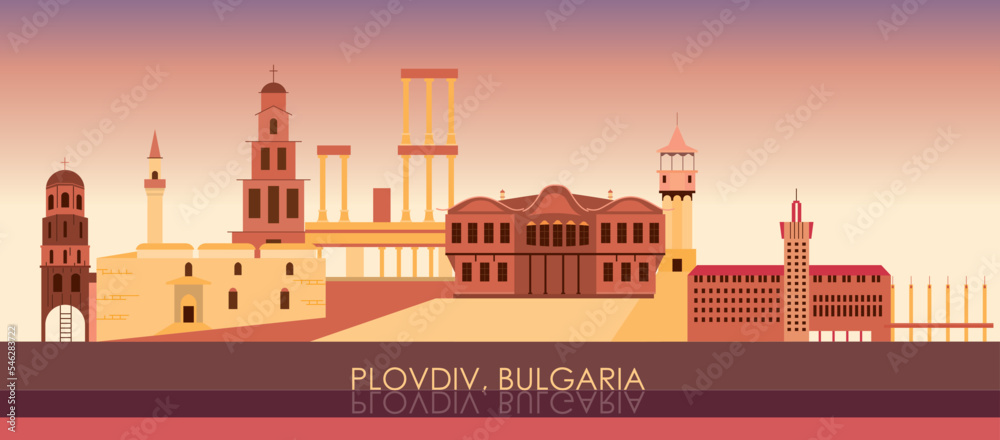 Sunset Skyline panorama of city of Plovdiv, Bulgaria - vector illustration
