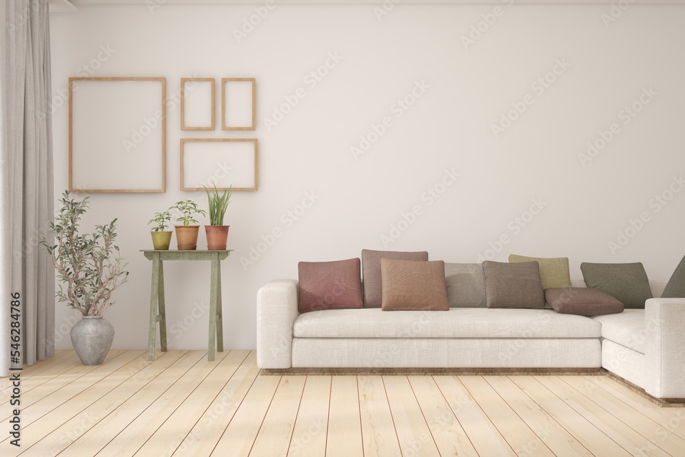 White living room with sofa. Scandinavian interior design. 3D illustration White living room with sofa. Scandinavian interior design. 3D illustration