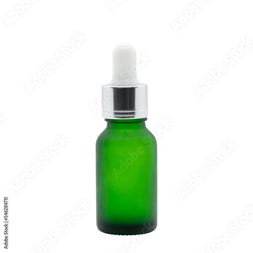 Green glass dropper serum bottle on white background, Mock up for cosmetic product design