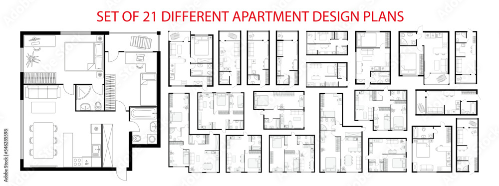 Plan floor apartments set. Studio, condominium, flat, house. One, two bedroom apartment. Interior design elements kitchen, bedroom, bathroom with symbols furniture. Vector architecture 2D floor plan.