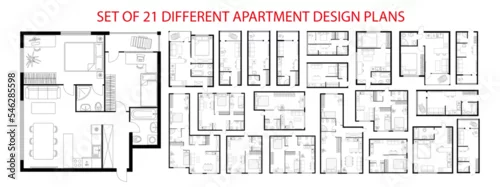 Obraz Plan floor apartments set. Studio, condominium, flat, house. One, two bedroom apartment. Interior design elements kitchen, bedroom, bathroom with symbols furniture. Vector architecture 2D floor plan.