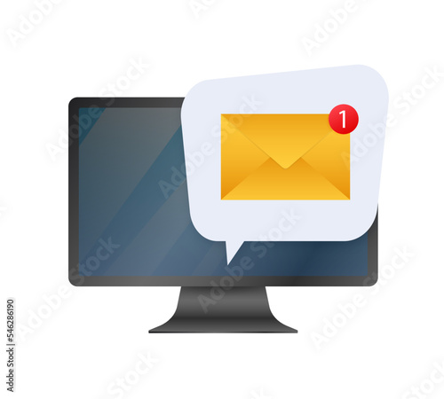 Computer with browser and envelope illustration, symbol of email receiving, service, notification.