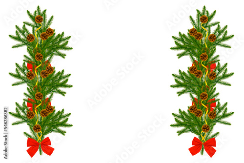 Pine tree branches with cones and red ribbon bow decoration isolated on white.