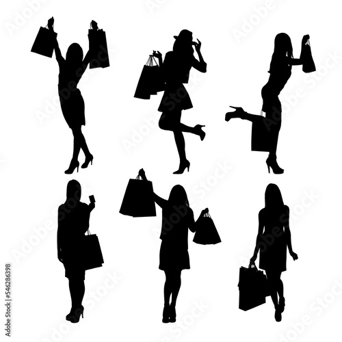 Set of woman silhouettes happy shopping vector