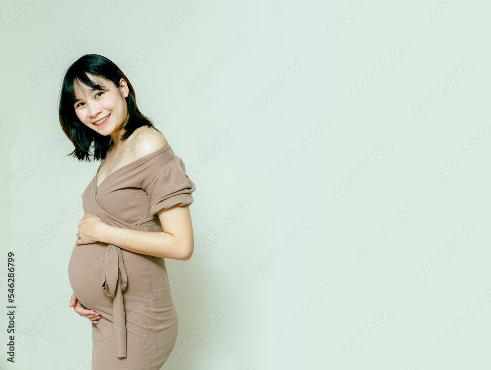 Pregnant happy woman touching her belly with a happy face, Caressing her belly and smiling, Healthy Pregnancy concept on white background, Copy space. Pregnant happy woman touching her belly with a happy face, Caressing her belly and smiling, Healthy Pregnancy concept on white background, Copy space.