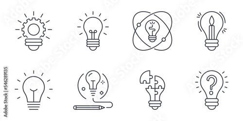 Light bulb icons. Editable stroke. Vector set of graphics elements. Technology idea inspiration symbol. Solution concept. Stock illustration isolated on white background