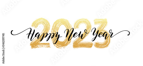 2023 HAPPY NEW YEAR script text hand lettering. Design template Celebration typography poster, banner or greeting card for Merry Christmas and happy new year. Vector Illustration