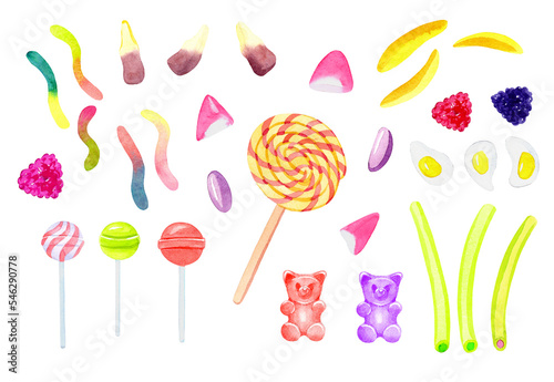 watercolor gummies, lollipops and candies isolated clipart illustration © katedeepomania