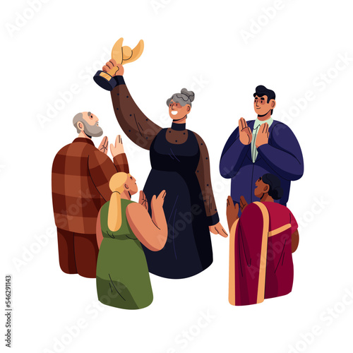 Recognition and acknowledgement of achievements. Outstanding senior old woman with reward and appreciation, respect, praise of people. Flat graphic vector illustration isolated on white background