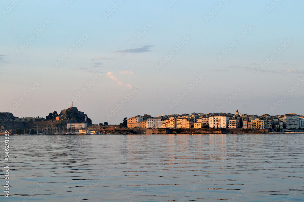 View of the castle and town of Corfu from the sea.
