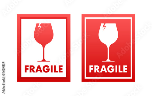 Fragile red icon. Handle with care sign, label. Vector stock illustration