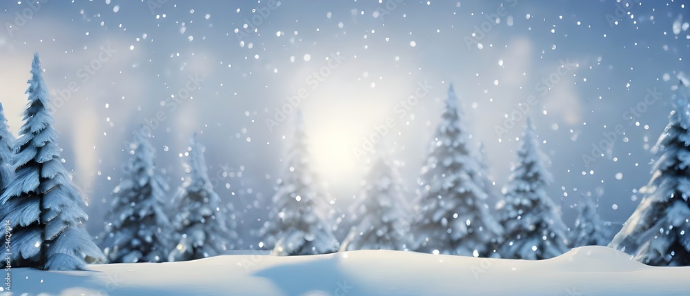 Fototapeta premium Christmas landscape with snow and fir tree. copy space