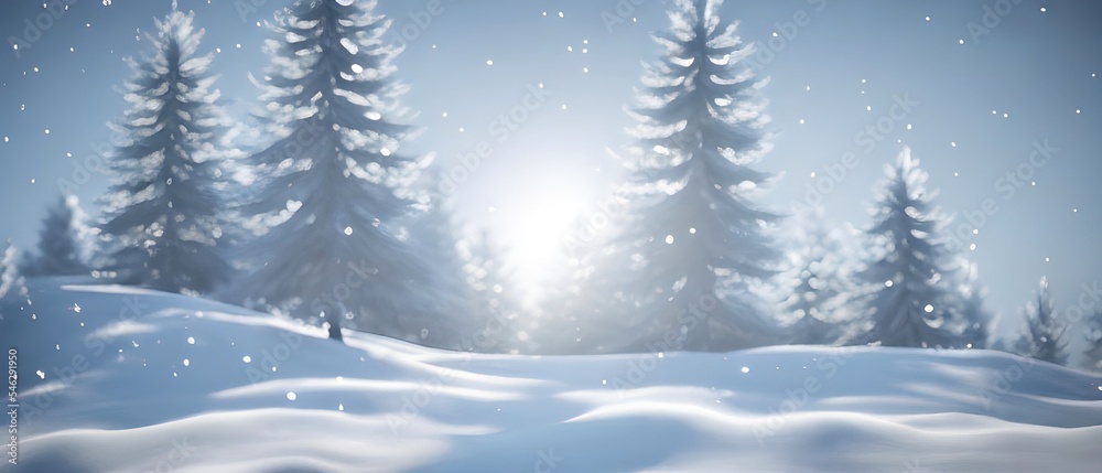 Christmas landscape with snow and fir tree. copy space