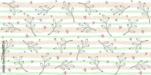 Black outline twigs, branches with leaves and small hearts on a soft striped background. Spring endless texture. Vector seamless pattern for wrapping paper, packaging, cover, surface texture and print